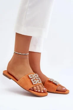 Boto Klapki Damskie Klasyczne*Klapki Damskie Na Płaskim Obcasie Z Ozdobą Pomarańczowe Inaile Pomarańczowy