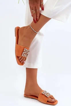 Boto Klapki Damskie Klasyczne*Klapki Damskie Na Płaskim Obcasie Z Ozdobą Pomarańczowe Inaile Pomarańczowy