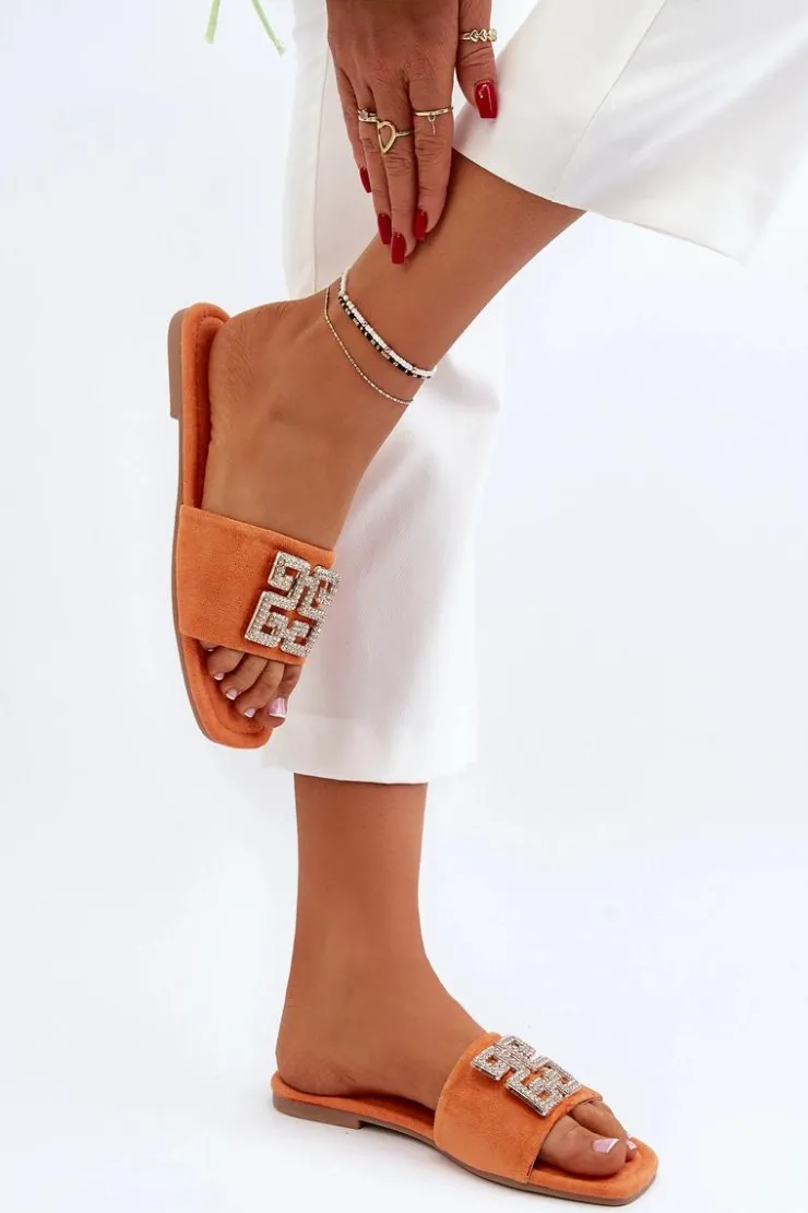 Boto Klapki Damskie Klasyczne*Klapki Damskie Na Płaskim Obcasie Z Ozdobą Pomarańczowe Inaile Pomarańczowy