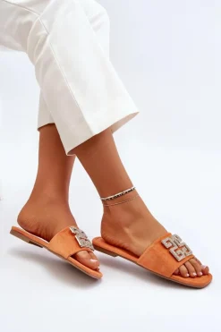 Boto Klapki Damskie Klasyczne*Klapki Damskie Na Płaskim Obcasie Z Ozdobą Pomarańczowe Inaile Pomarańczowy