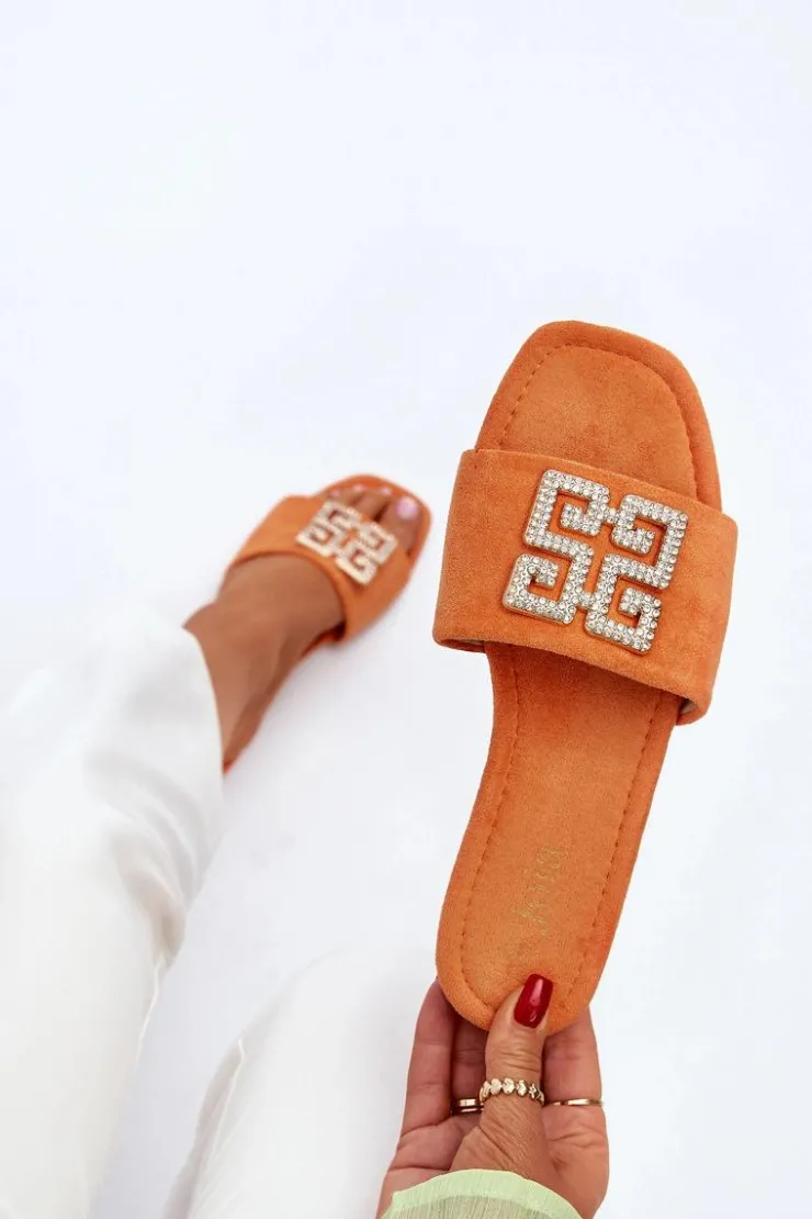 Boto Klapki Damskie Klasyczne*Klapki Damskie Na Płaskim Obcasie Z Ozdobą Pomarańczowe Inaile Pomarańczowy