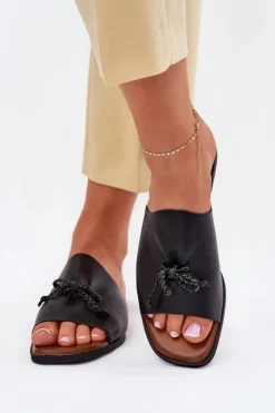 Damskie Evento Klapki Damskie Na Płaskim Obcasie Z Ozdobnym Wiązaniem Czarne Norela