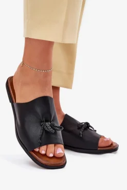 Damskie Evento Klapki Damskie Na Płaskim Obcasie Z Ozdobnym Wiązaniem Czarne Norela