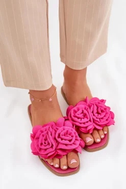 Boto Klapki Damskie Klasyczne*Klapki Damskie Na Płaskim Obcasie Z Ozdobnymi Kwiatami Fuksja Misorsse