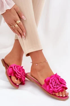 Boto Klapki Damskie Klasyczne*Klapki Damskie Na Płaskim Obcasie Z Ozdobnymi Kwiatami Fuksja Misorsse