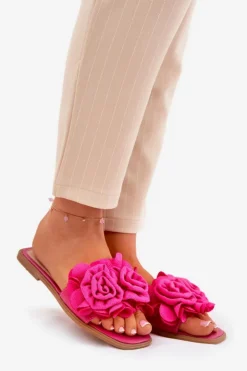 Boto Klapki Damskie Klasyczne*Klapki Damskie Na Płaskim Obcasie Z Ozdobnymi Kwiatami Fuksja Misorsse