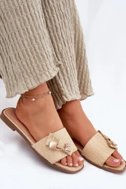 Boto Klapki Damskie Klasyczne*Klapki Damskie Na Płaskim Obcasie Z Kokardą Beżowe Sallariela Beżowy