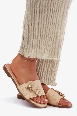 Boto Klapki Damskie Klasyczne*Klapki Damskie Na Płaskim Obcasie Z Kokardą Beżowe Sallariela Beżowy