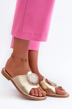 Evento Klapki Damskie Klasyczne*Klapki Damskie Na Płaskim Obcasie Z Ozdobą Złote Rivashea