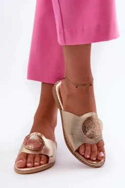 Evento Klapki Damskie Klasyczne*Klapki Damskie Na Płaskim Obcasie Z Ozdobą Złote Rivashea