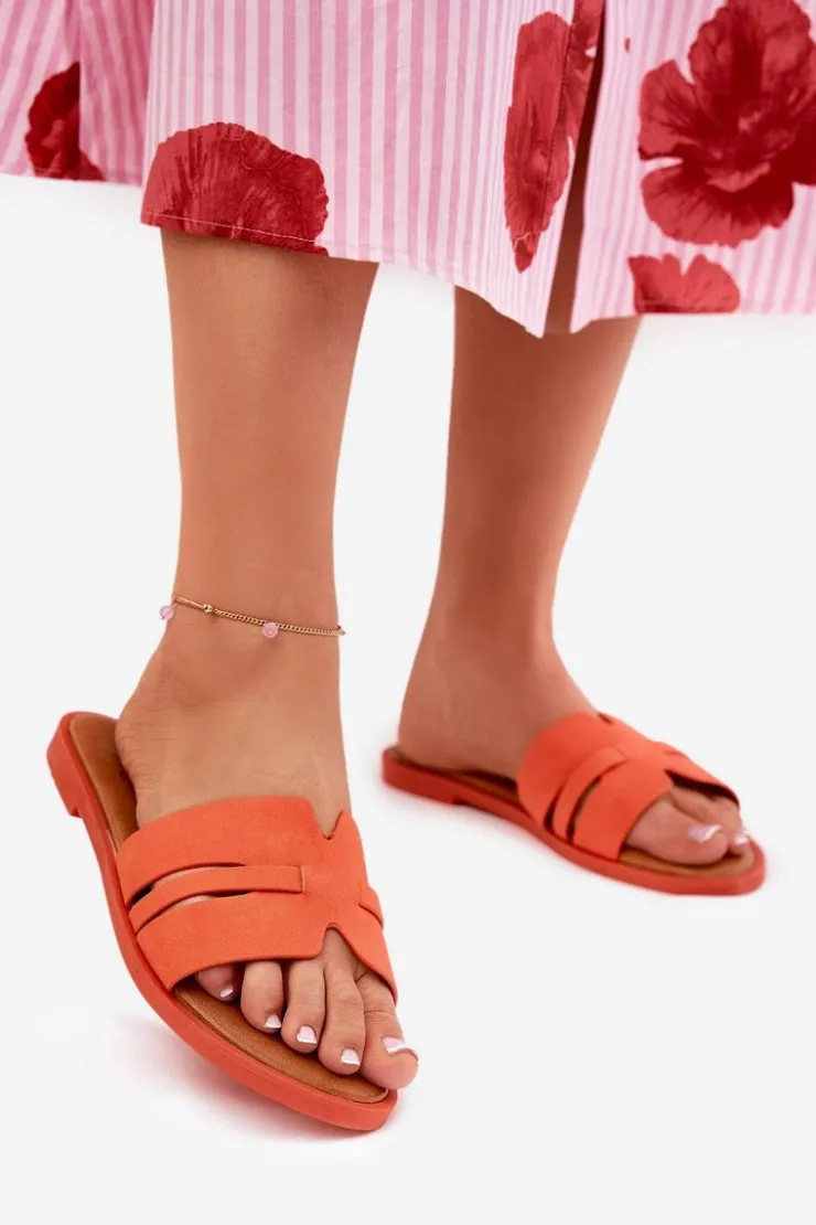 Discount Boto Klapki Damskie Na Płaskim Obcasie Z Wycięciami Eko Zamszowe Pomarańczowe Teterre Pomarańczowy