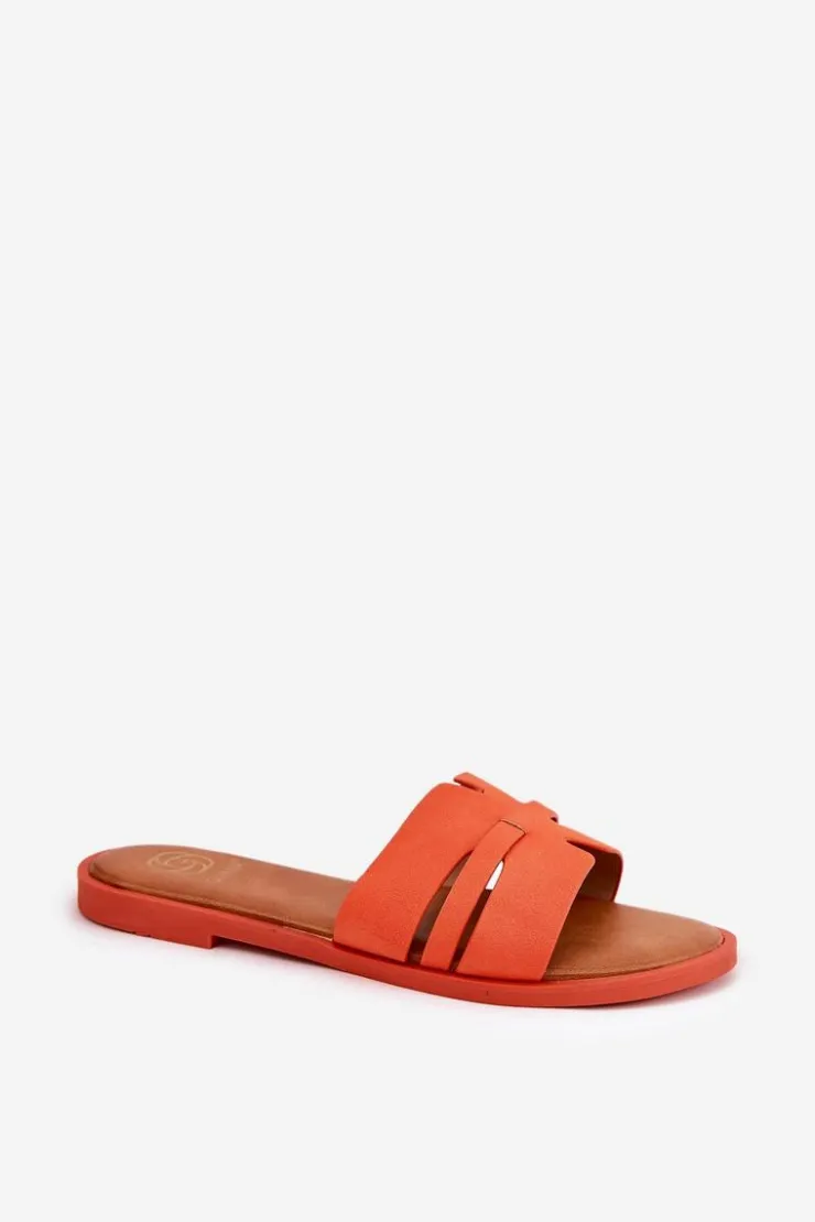 Discount Boto Klapki Damskie Na Płaskim Obcasie Z Wycięciami Eko Zamszowe Pomarańczowe Teterre Pomarańczowy