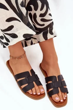 Discount Boto Klapki Damskie Na Płaskim Obcasie Czarne Mirona Czarny