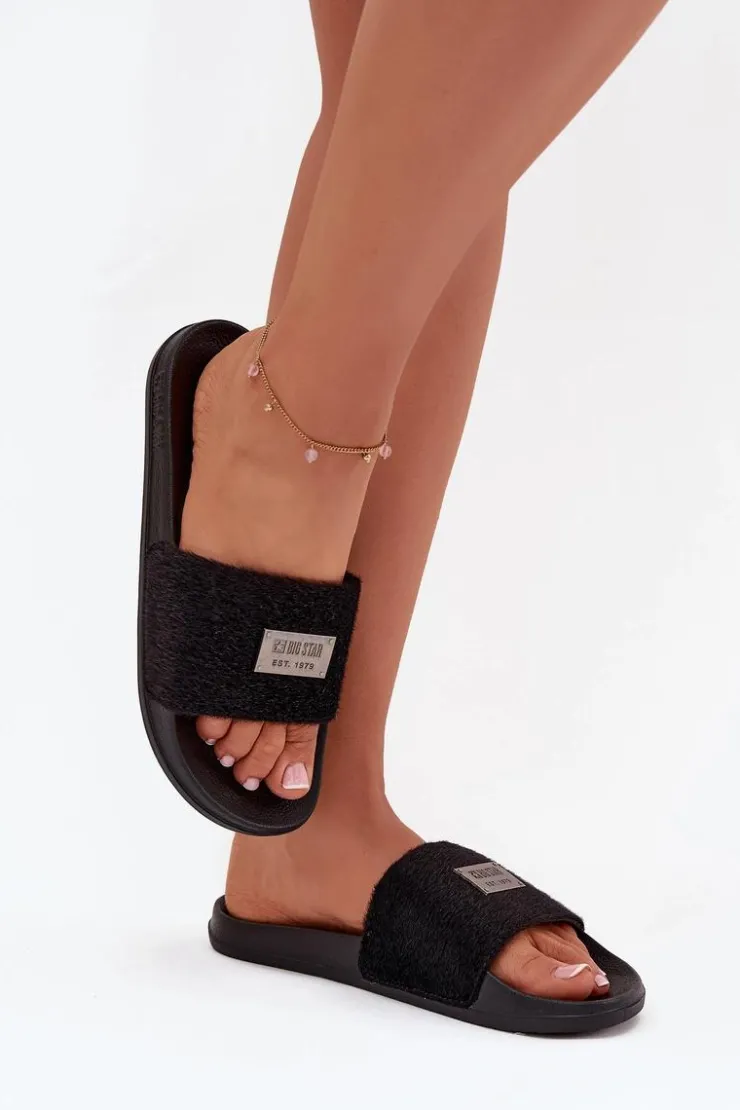Damskie Big Star Shoes Klapki Damskie Na Piankowej Podeszwie Z Futerkiem Big Star SS274716 Czarne