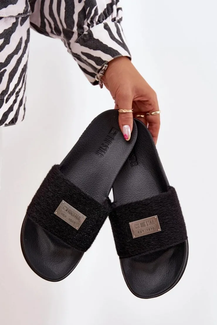 Damskie Big Star Shoes Klapki Damskie Na Piankowej Podeszwie Z Futerkiem Big Star SS274716 Czarne