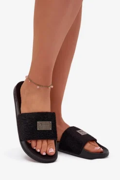 Damskie Big Star Shoes Klapki Damskie Na Piankowej Podeszwie Z Futerkiem Big Star SS274716 Czarne