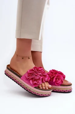 Damskie Boto Klapki Damskie Na Platformie Ozdobione Kwiatkami Fuksja Nodina