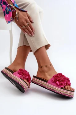 Damskie Boto Klapki Damskie Na Platformie Ozdobione Kwiatkami Fuksja Nodina