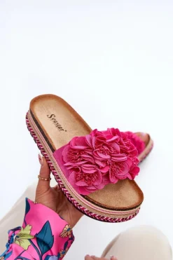 Damskie Boto Klapki Damskie Na Platformie Ozdobione Kwiatkami Fuksja Nodina