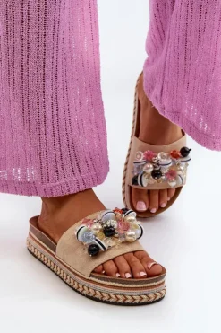 Damskie Damskie buty S.Barski Klapki Damskie Na Platformie Z Ozdobami S.Barski HY077 Beżowe