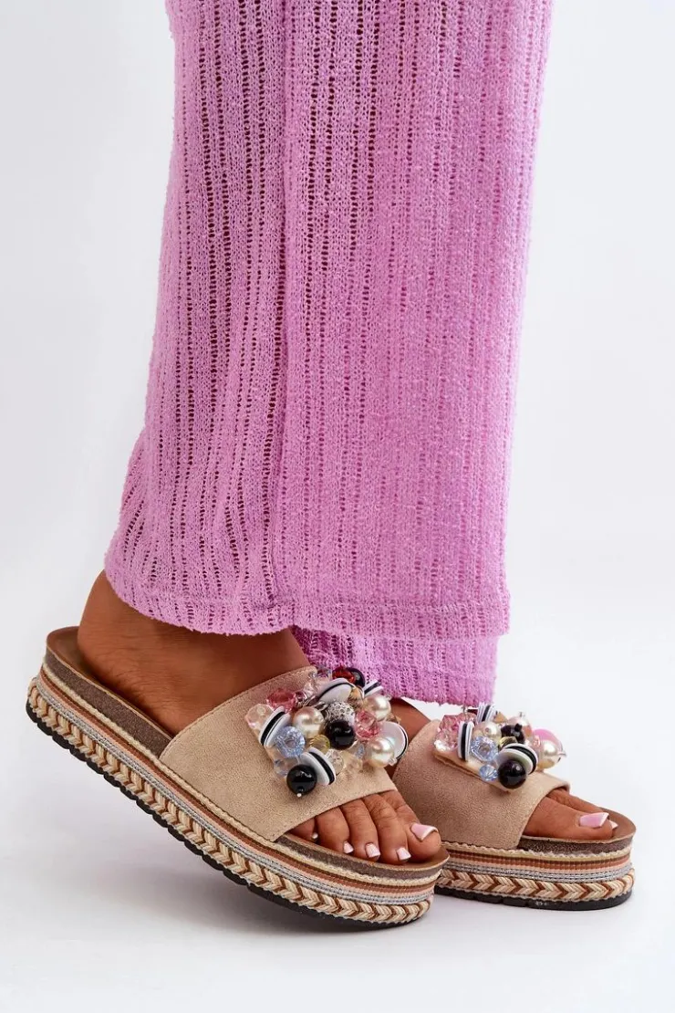 Damskie Damskie buty S.Barski Klapki Damskie Na Platformie Z Ozdobami S.Barski HY077 Beżowe