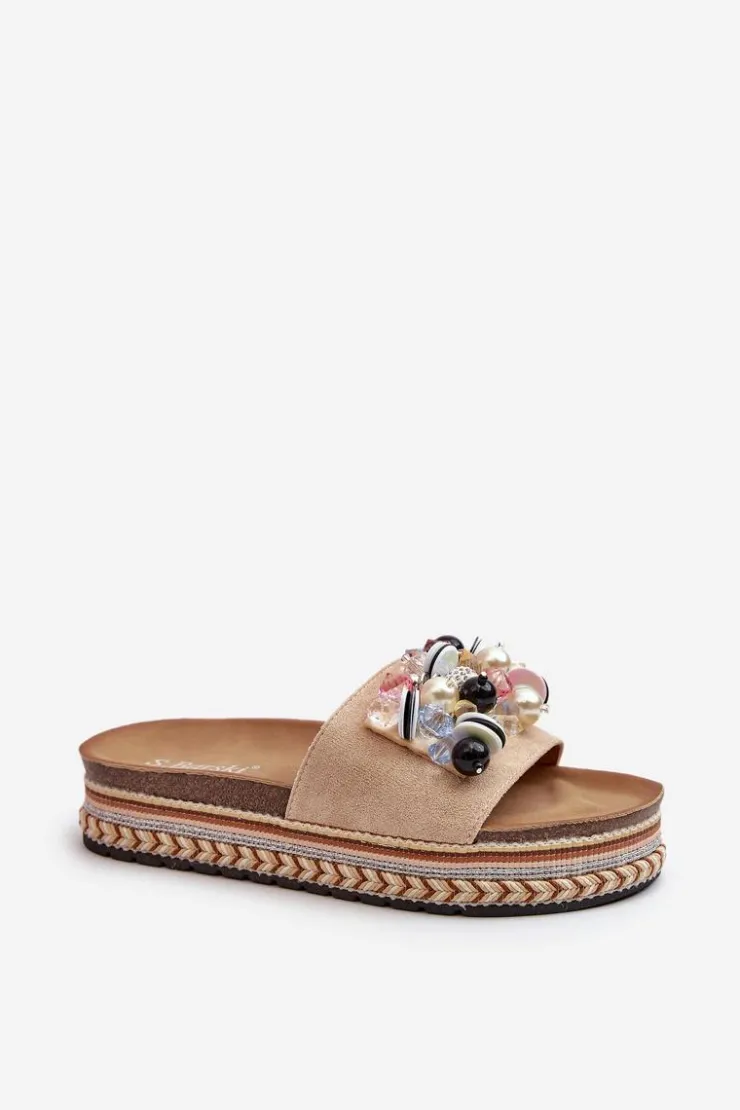 Damskie Damskie buty S.Barski Klapki Damskie Na Platformie Z Ozdobami S.Barski HY077 Beżowe