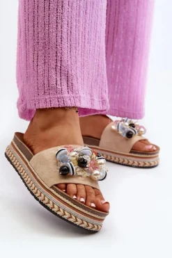 Damskie Damskie buty S.Barski Klapki Damskie Na Platformie Z Ozdobami S.Barski HY077 Beżowe