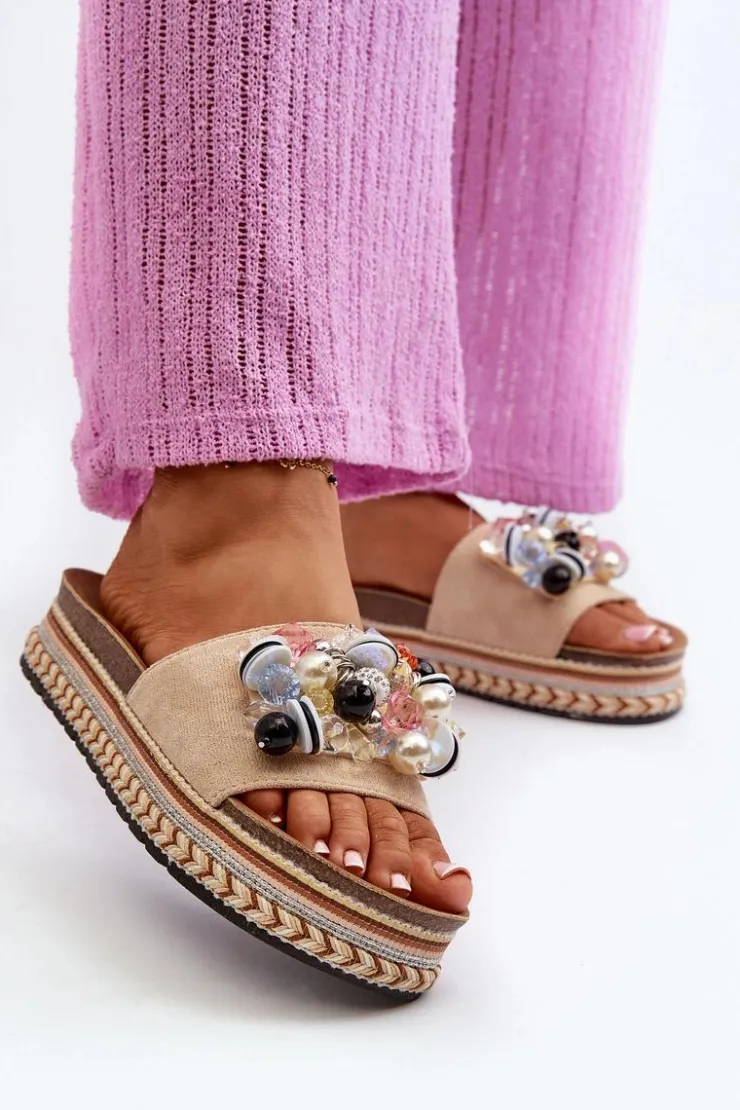 Damskie Damskie buty S.Barski Klapki Damskie Na Platformie Z Ozdobami S.Barski HY077 Beżowe