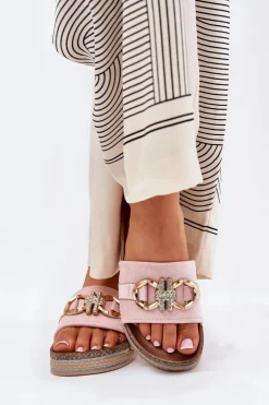 Boto Klapki Korkowe|Klapki Na Platformie*Klapki Damskie Na Platformie Z Brokatem I Złotą Ozdobą Różowe Rilirea