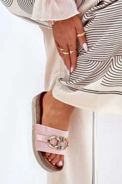 Boto Klapki Korkowe|Klapki Na Platformie*Klapki Damskie Na Platformie Z Brokatem I Złotą Ozdobą Różowe Rilirea