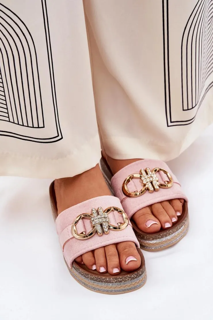 Boto Klapki Korkowe|Klapki Na Platformie*Klapki Damskie Na Platformie Z Brokatem I Złotą Ozdobą Różowe Rilirea