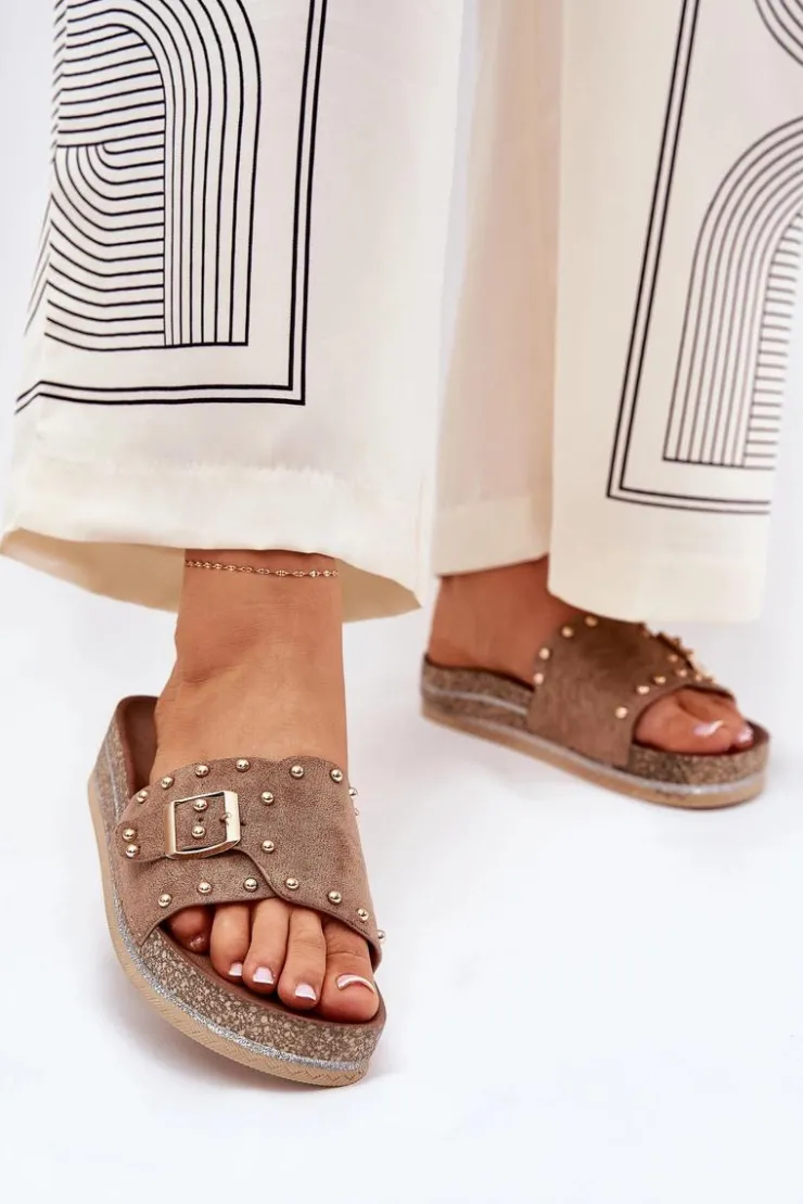 Boto Klapki Korkowe|Klapki Na Platformie*Klapki Damskie Na Platformie Z Klamrą I Ćwiekami Khaki Nusithia