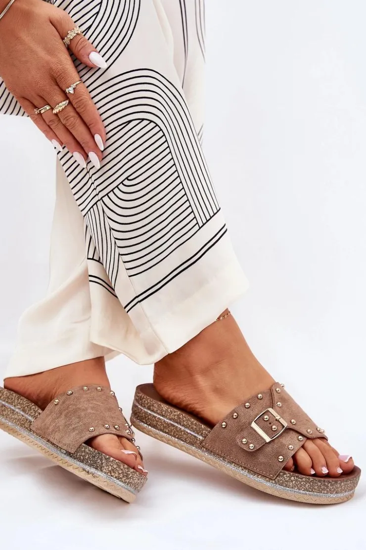 Boto Klapki Korkowe|Klapki Na Platformie*Klapki Damskie Na Platformie Z Klamrą I Ćwiekami Khaki Nusithia