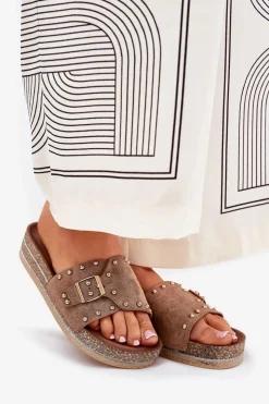 Boto Klapki Korkowe|Klapki Na Platformie*Klapki Damskie Na Platformie Z Klamrą I Ćwiekami Khaki Nusithia