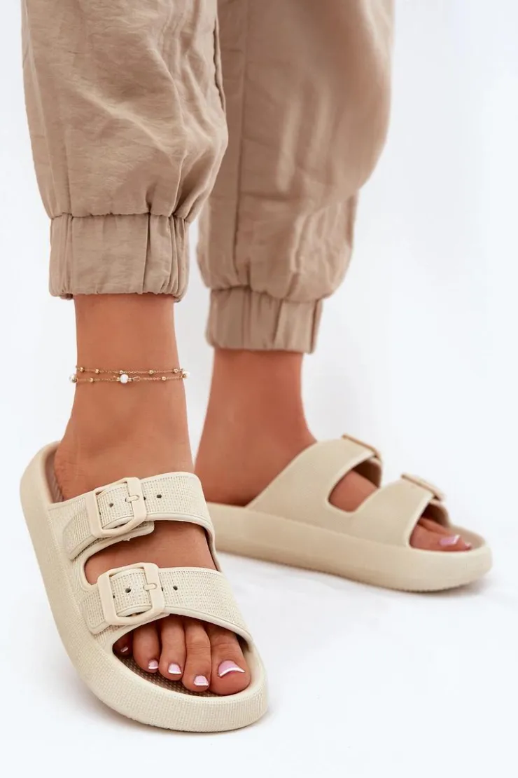 Boto Klapki Damskie Na Platformie Z Klamrami Beżowe Nitiana