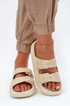 Boto Klapki Damskie Na Platformie Z Klamrami Beżowe Nitiana