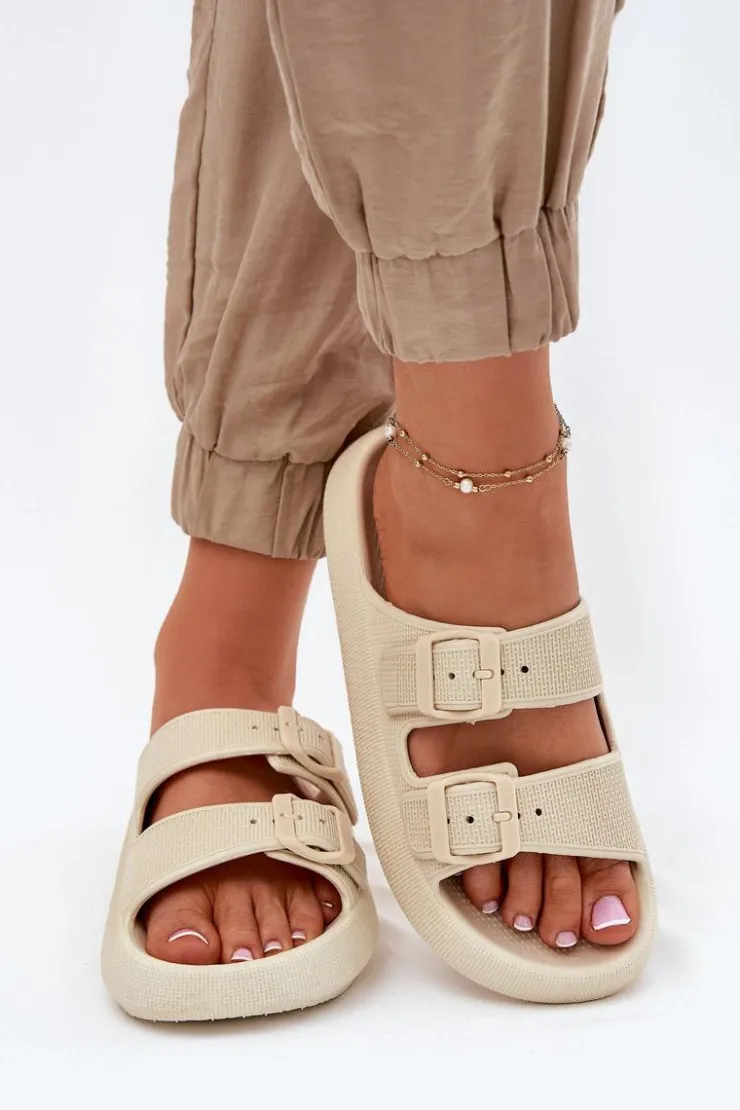 Boto Klapki Damskie Na Platformie Z Klamrami Beżowe Nitiana