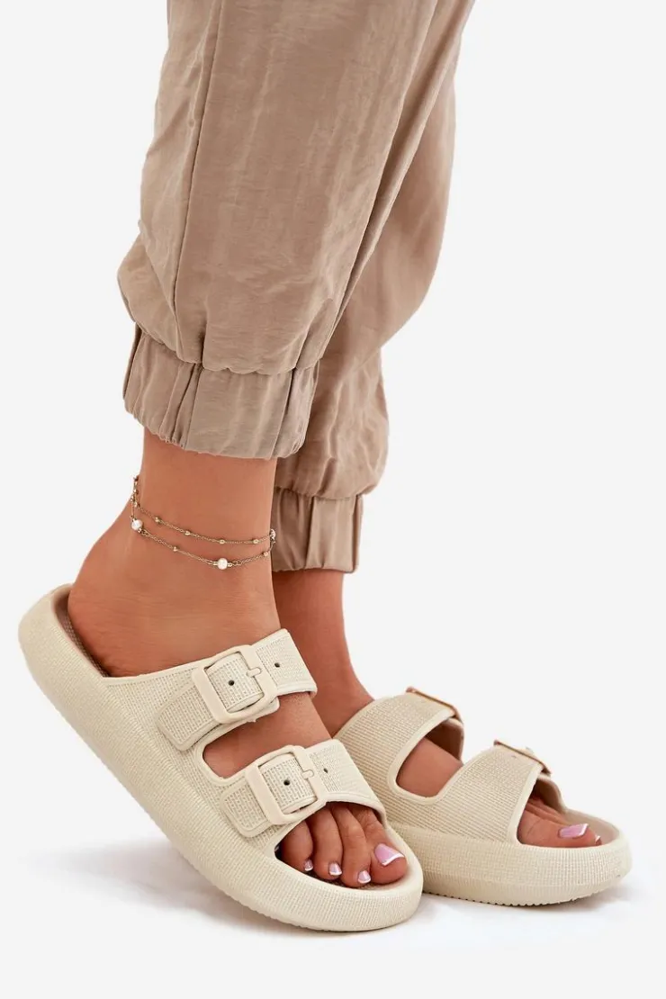 Boto Klapki Damskie Na Platformie Z Klamrami Beżowe Nitiana