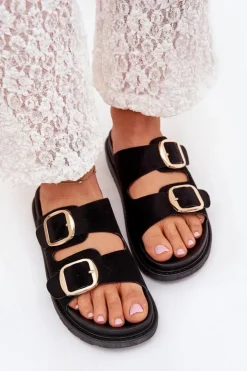 Damskie Boto Klapki Damskie Na Platformie Ze Złotymi Klamrami Czarne Verena