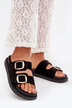 Damskie Boto Klapki Damskie Na Platformie Ze Złotymi Klamrami Czarne Verena