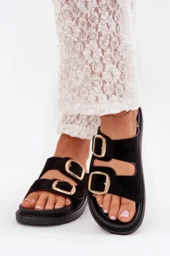 Damskie Boto Klapki Damskie Na Platformie Ze Złotymi Klamrami Czarne Verena