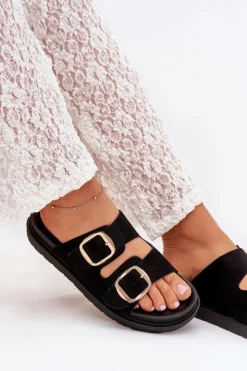 Damskie Boto Klapki Damskie Na Platformie Ze Złotymi Klamrami Czarne Verena