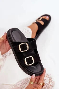 Damskie Boto Klapki Damskie Na Platformie Ze Złotymi Klamrami Czarne Verena