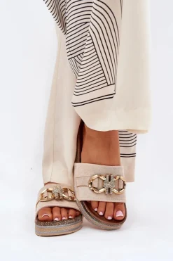 Damskie Boto Klapki Damskie Na Platformie Z Brokatem I Złotą Ozdobą Beżowe Rilirea