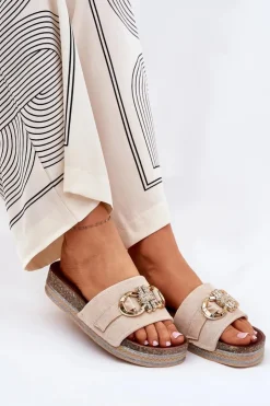 Damskie Boto Klapki Damskie Na Platformie Z Brokatem I Złotą Ozdobą Beżowe Rilirea