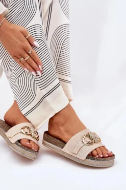 Damskie Boto Klapki Damskie Na Platformie Z Brokatem I Złotą Ozdobą Beżowe Rilirea