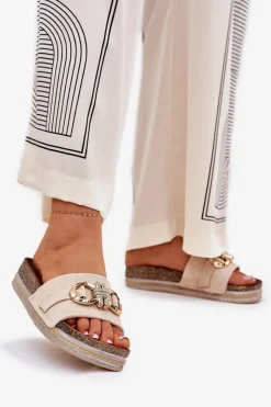 Damskie Boto Klapki Damskie Na Platformie Z Brokatem I Złotą Ozdobą Beżowe Rilirea