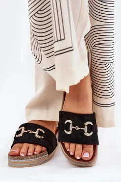 Damskie Boto Klapki Damskie Na Platformie Ze Złotą Ozdobą I Brokatem Czarne Morisela