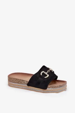 Damskie Boto Klapki Damskie Na Platformie Ze Złotą Ozdobą I Brokatem Czarne Morisela