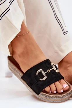 Damskie Boto Klapki Damskie Na Platformie Ze Złotą Ozdobą I Brokatem Czarne Morisela